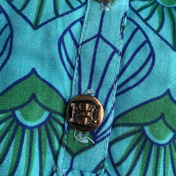 Escapada blue teal top blouse printed size Small peacock print smocked neck - Picture 3 of 14